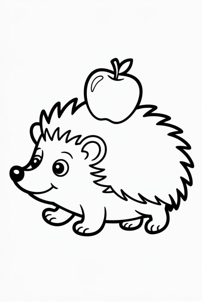 Cute hedgehog carrying an apple on its back coloring page, kawaii style, simple and fun for kids.
