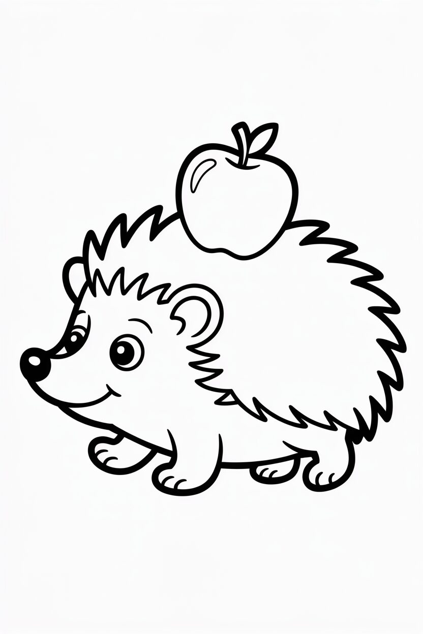 Cute hedgehog carrying an apple on its back coloring page, kawaii style, simple and fun for kids.