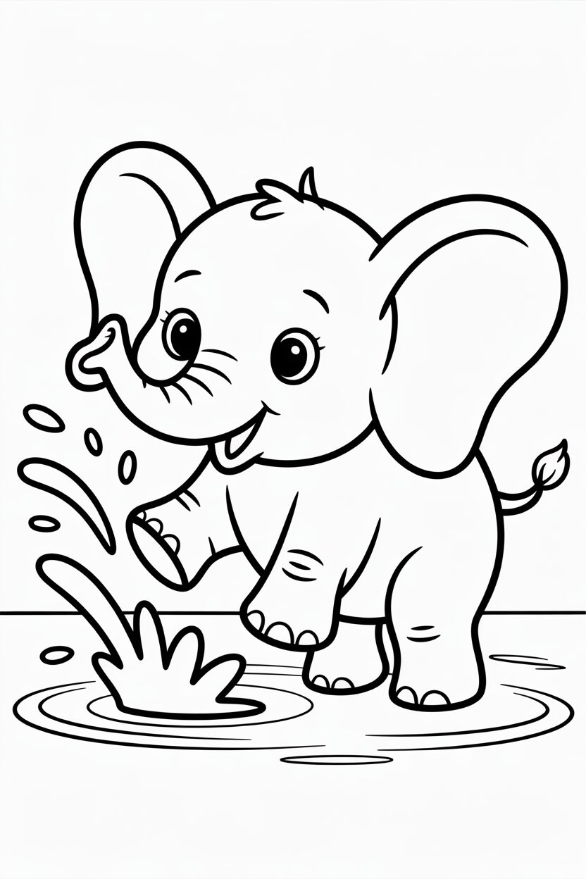 Baby Elephant Splash Coloring Page