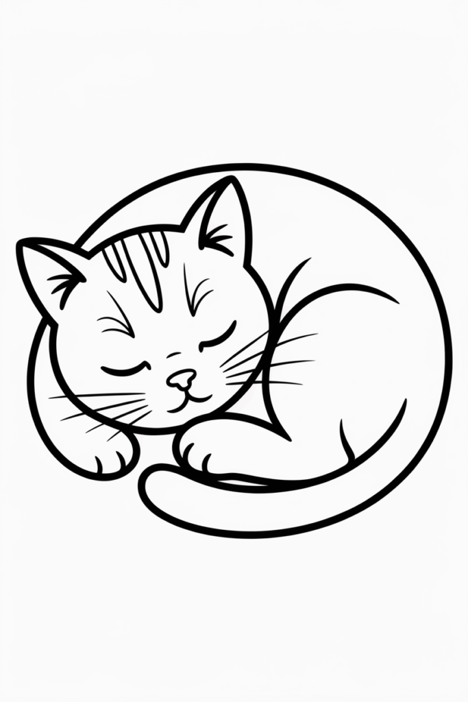 Peaceful sleeping cat curled up – relaxing and easy cat coloring page.