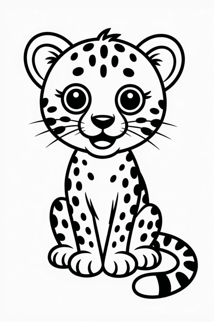 Cute sitting baby cheetah, adorable animal coloring page for young kids.