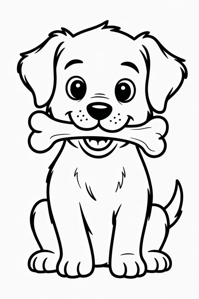 Cute puppy holding a big bone – playful dog coloring page.
