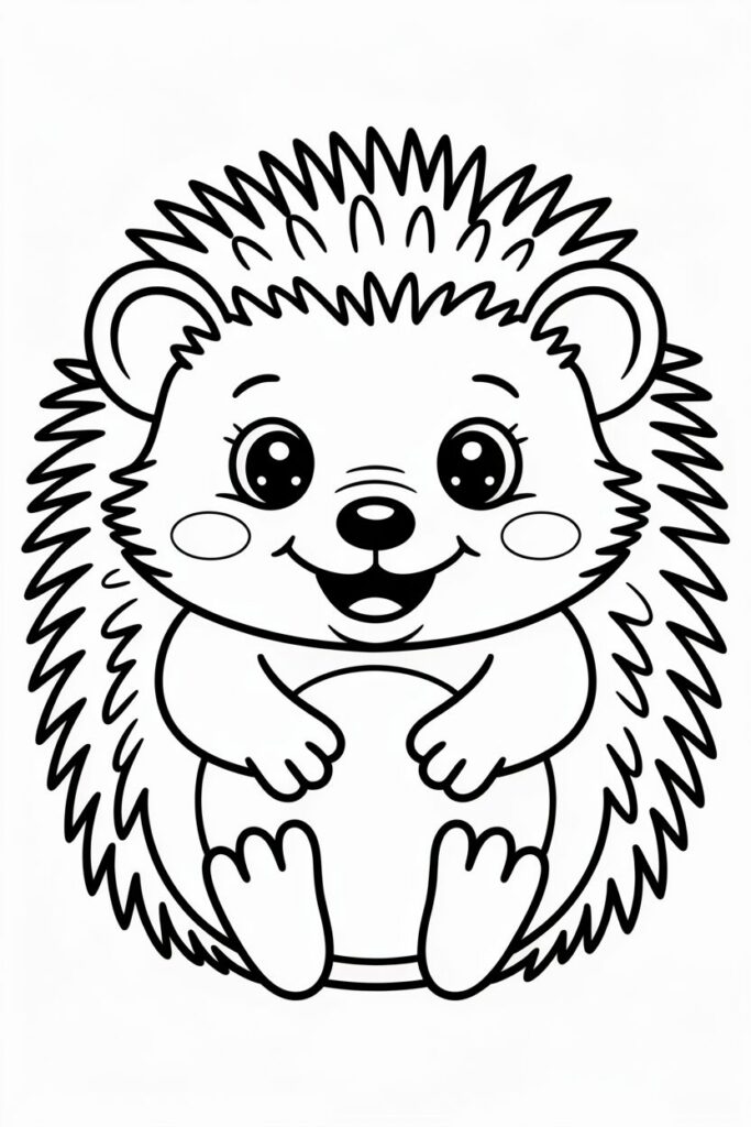 Adorable baby hedgehog sitting and smiling coloring page, clear outlines for children’s coloring fun.