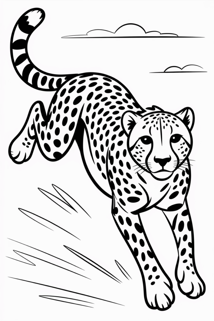 Running cheetah in the wild, energetic animal coloring page for kids.