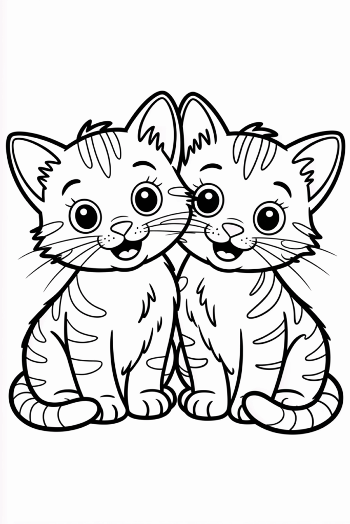 Two cute kittens sitting together – friendship-themed cat coloring page for kids.