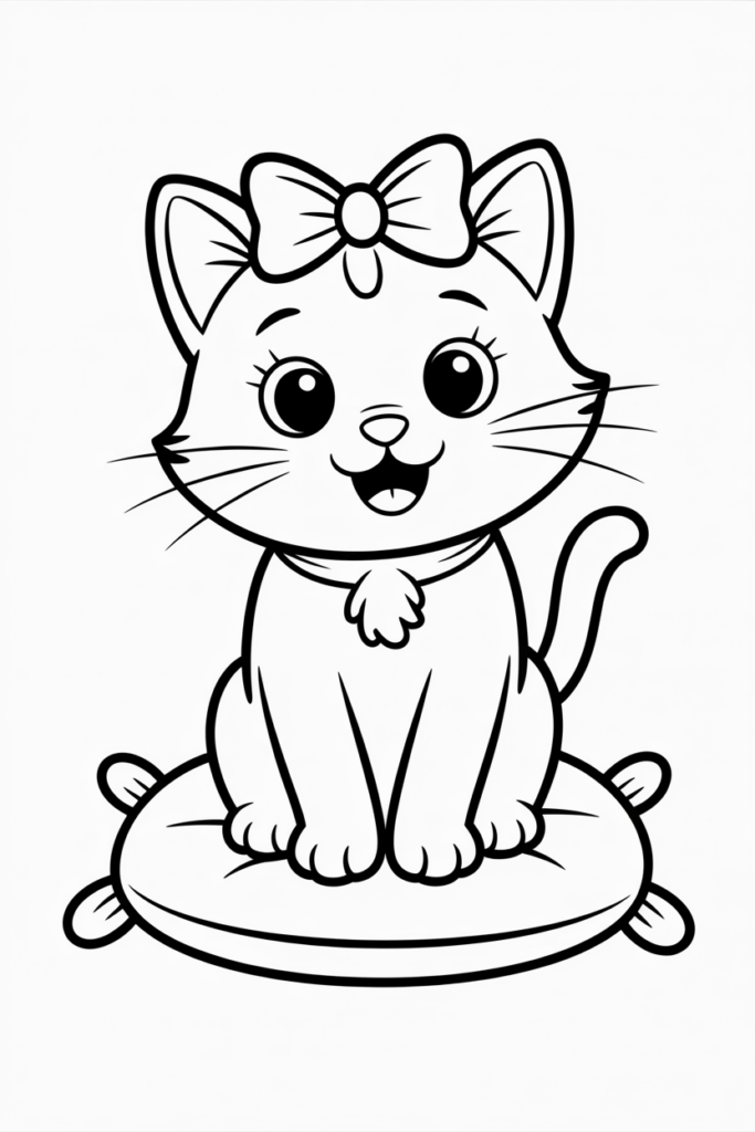 Cute cat sitting on a pillow with a bow – simple and charming cat coloring page.