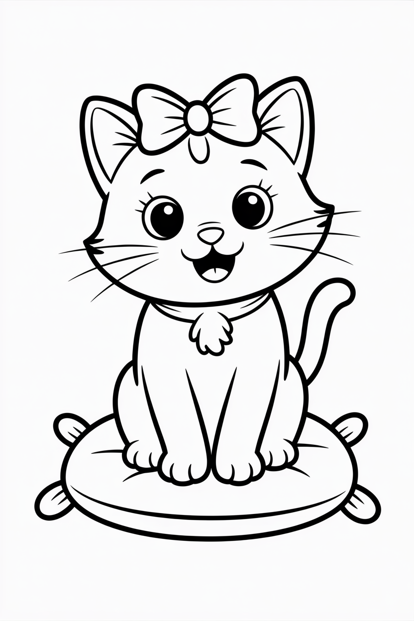 Cute cat sitting on a pillow with a bow – simple and charming cat coloring page.