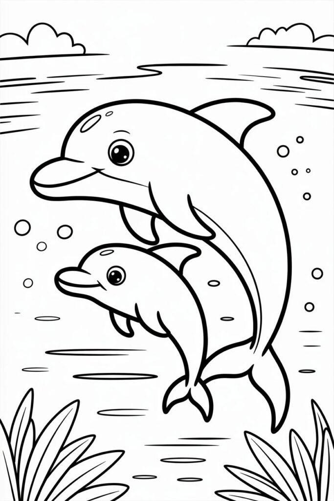 A Mother Dolphin Swimming With Her Baby