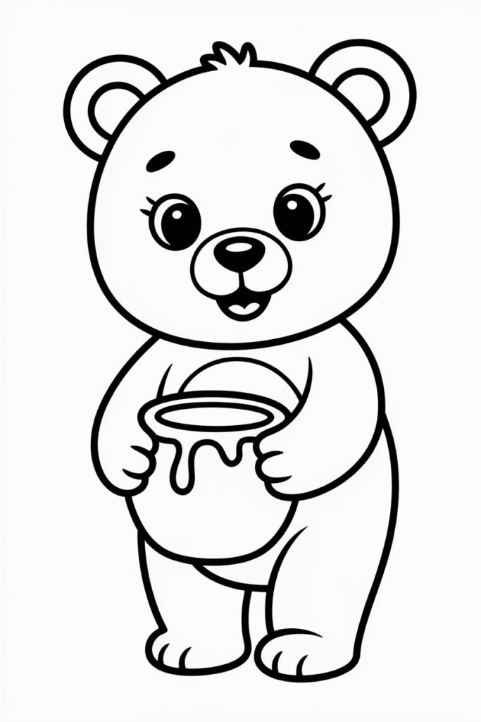Adorable bear cartoon carrying honey – printable coloring page.
