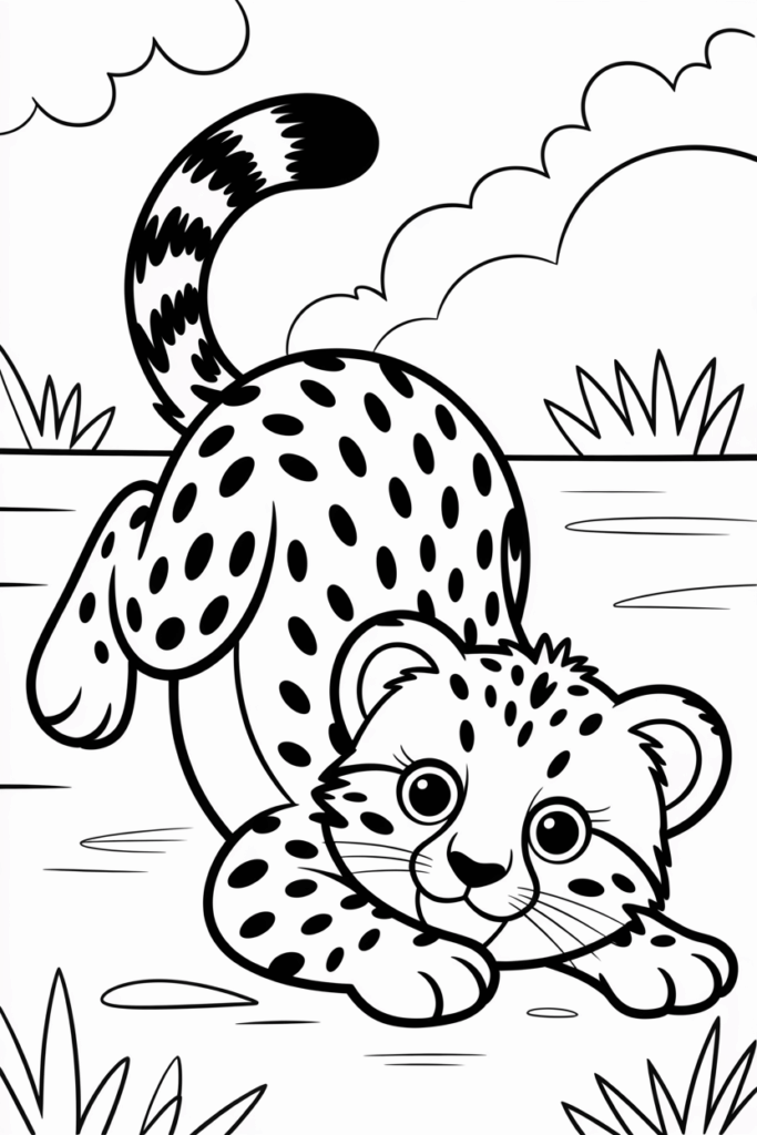 Playful cheetah cub rolling on the ground, cute and easy coloring sheet for children.