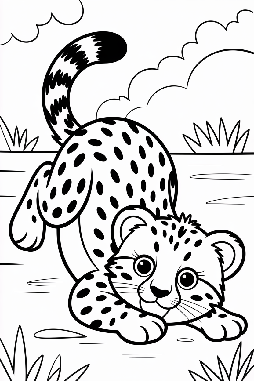 Playful cheetah cub rolling on the ground, cute and easy coloring sheet for children.