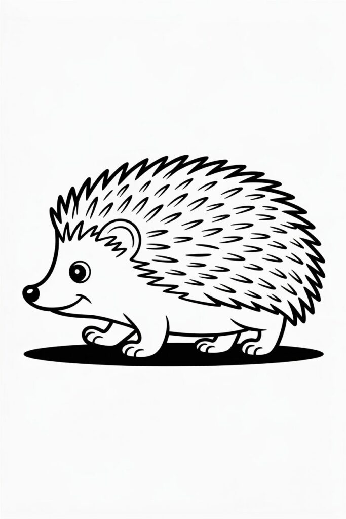Simple walking hedgehog coloring page with clean lines, no background, fun for preschoolers to color.