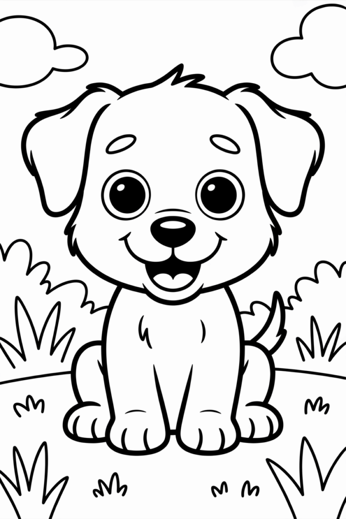 Smiling puppy sitting in the garden – cute dog coloring page for kids.