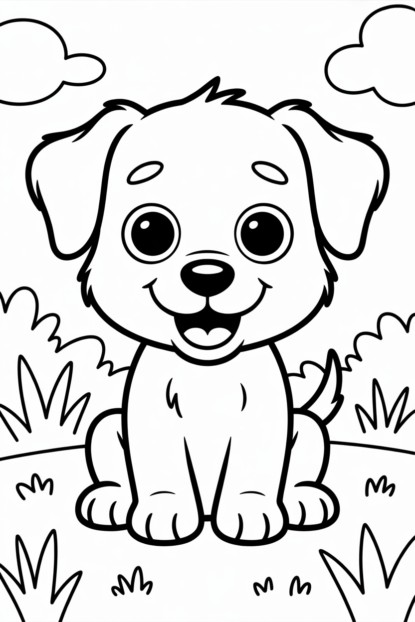 Smiling puppy sitting in the garden – cute dog coloring page for kids.