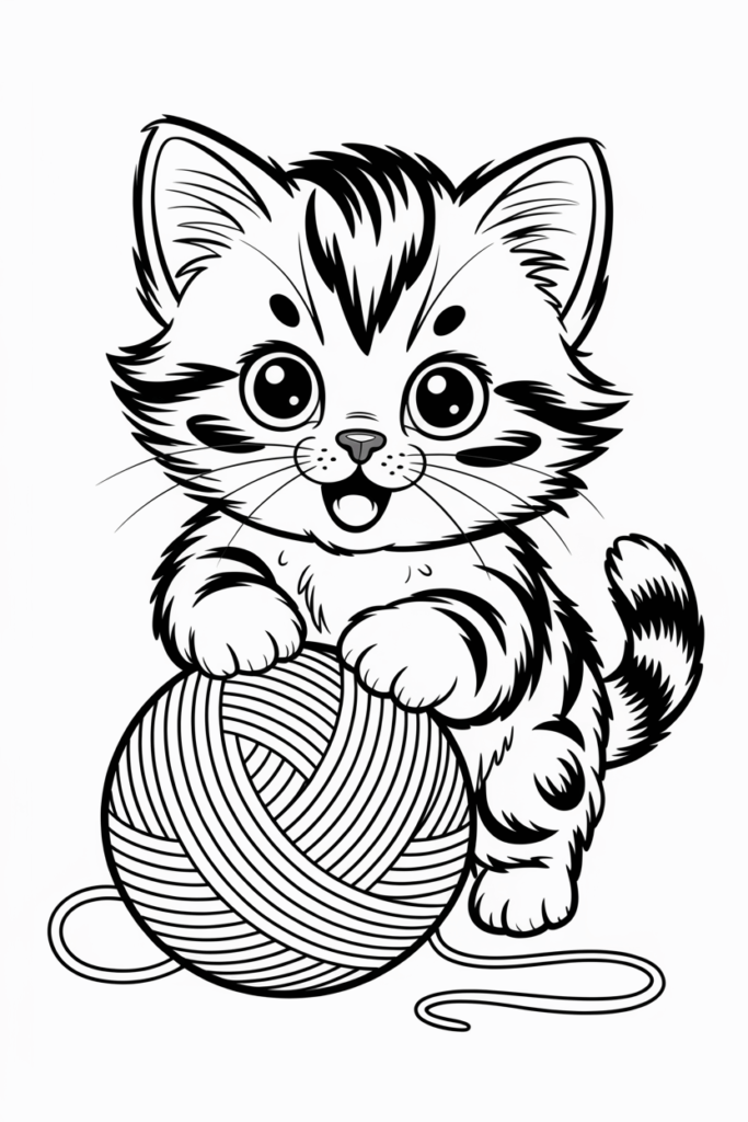 Playful kitten holding a ball of yarn – cute cat coloring page for kids.