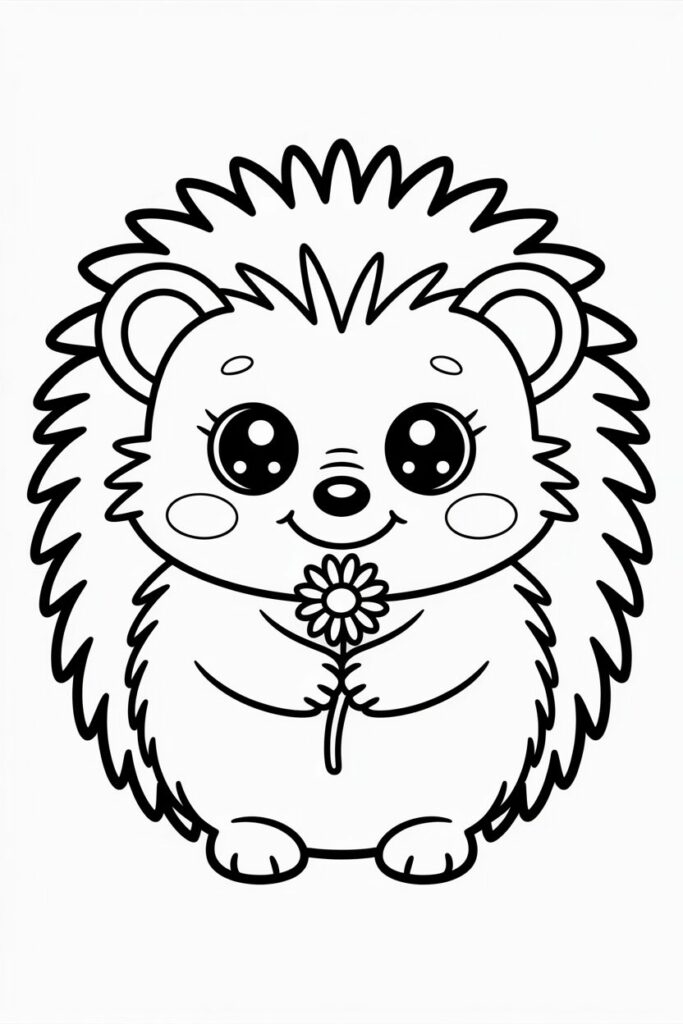Cute baby hedgehog holding a flower coloring page for kids, simple outline, easy and fun to color.