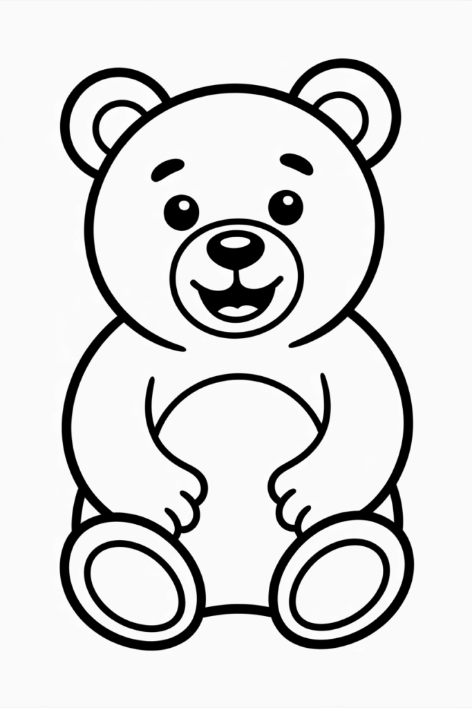 Happy bear sitting down, easy coloring picture for preschoolers.