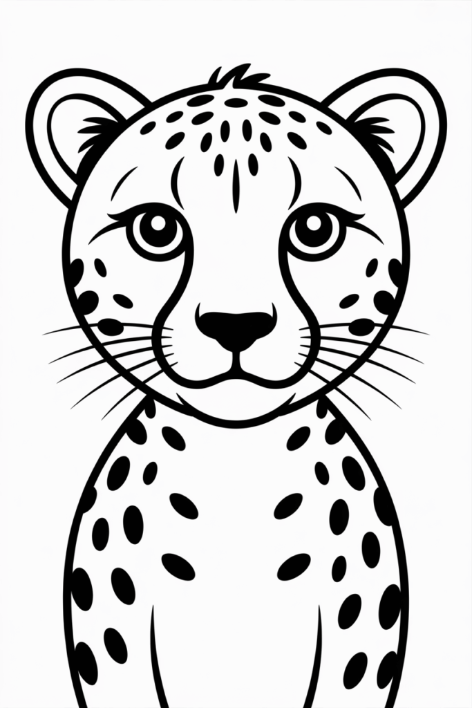 Friendly cheetah face close-up in cartoon style, simple black and white coloring page for kids.
